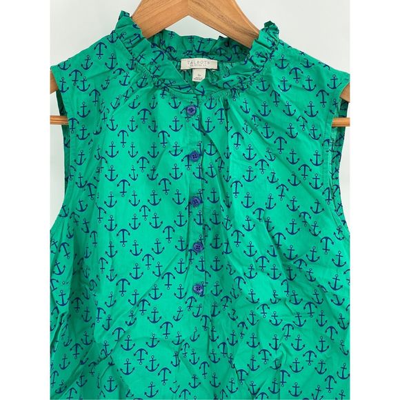 Talbots Tank Top Women Small Petite Green Blue Anchor Ruffle Neck Button Up - Picture 10 of 12